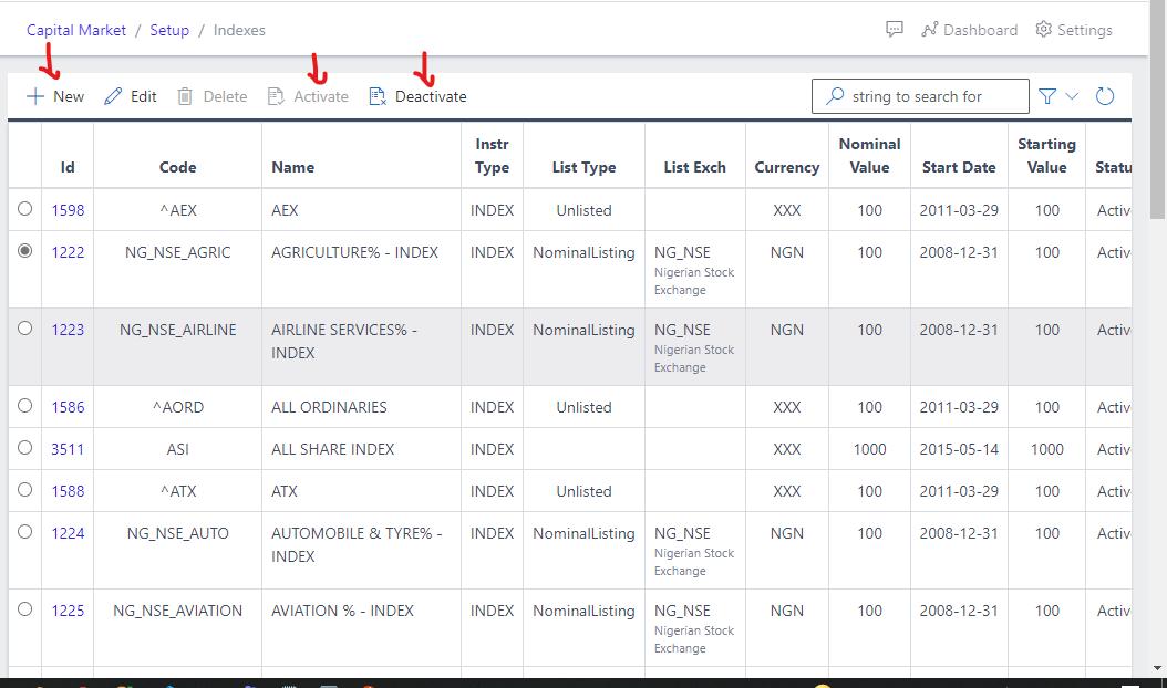 image Showing list of indexes view