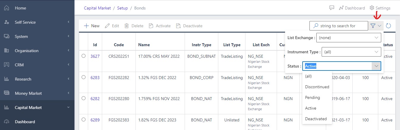 image Showing filter parameter view