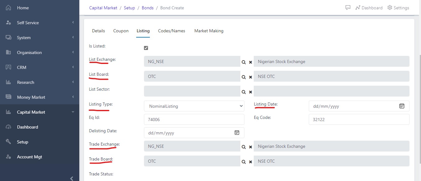 image Showing listing field of the Bond creationview