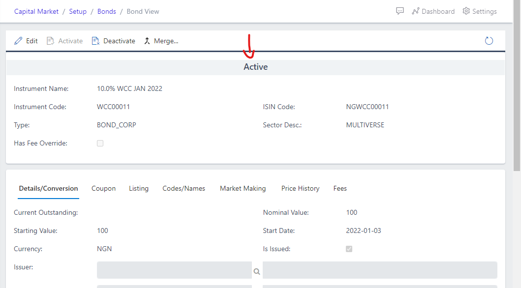 image Showing active status of the Bond view