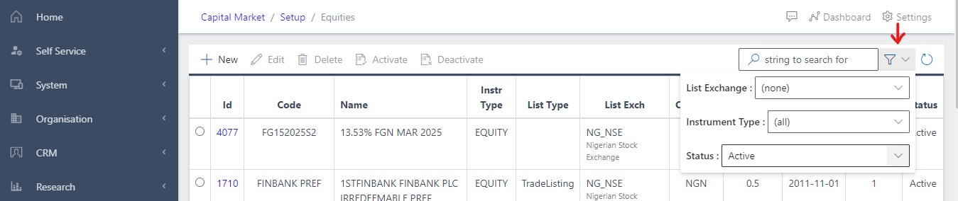 image Showing filter parameter view