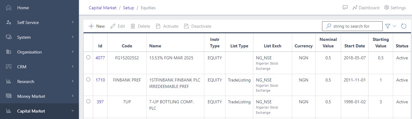 image Showing list of equities view