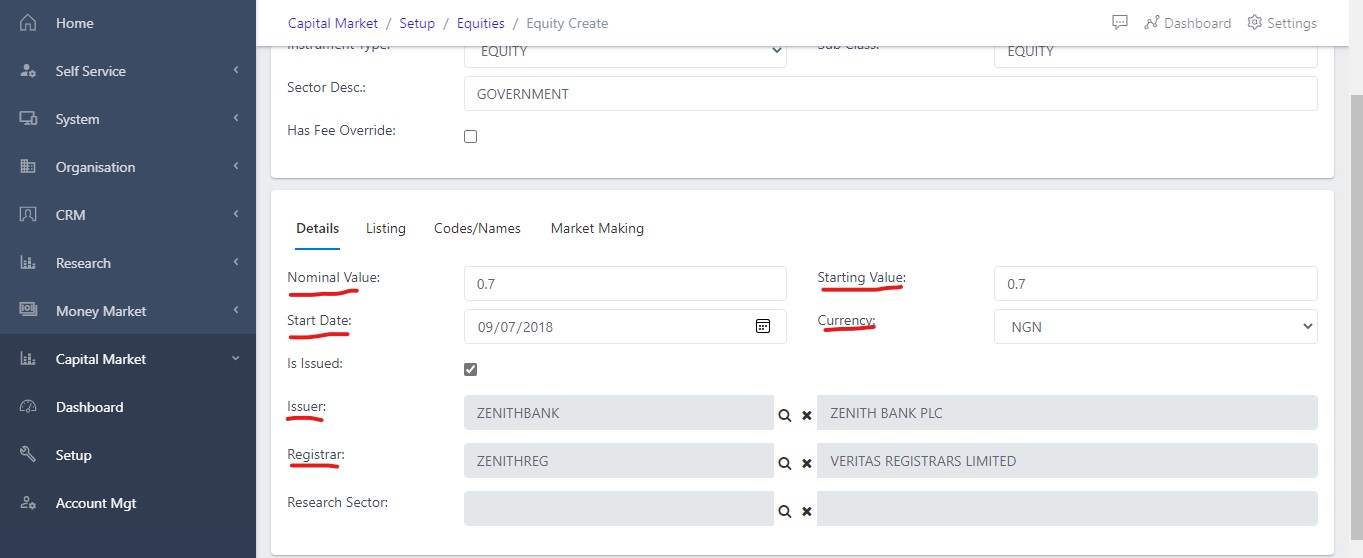 image Showing details field of the equity creationview