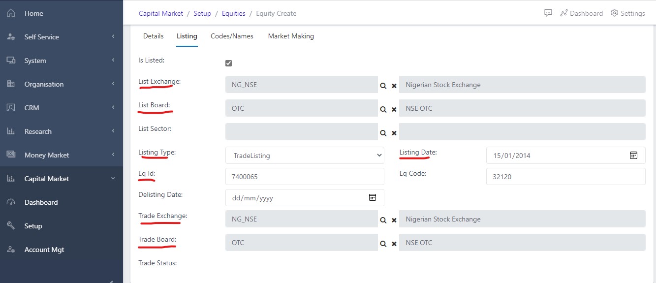 image Showing listing field of the equity creationview