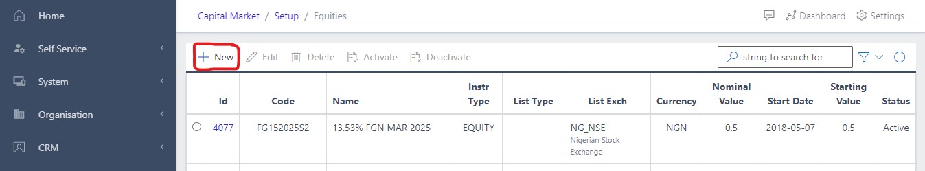 image Showing Create New equity view