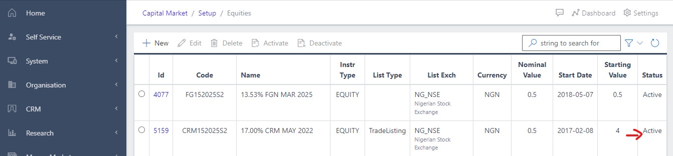image Showing active status of the equity view
