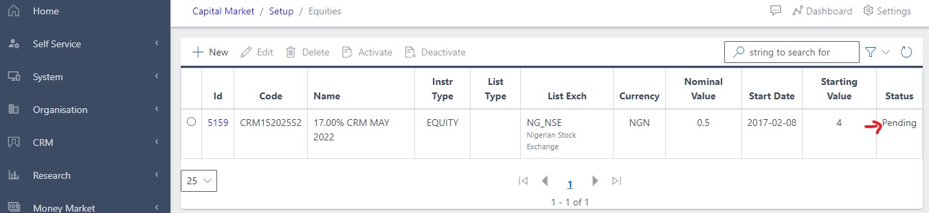 image Showing pending state of newly created equity view