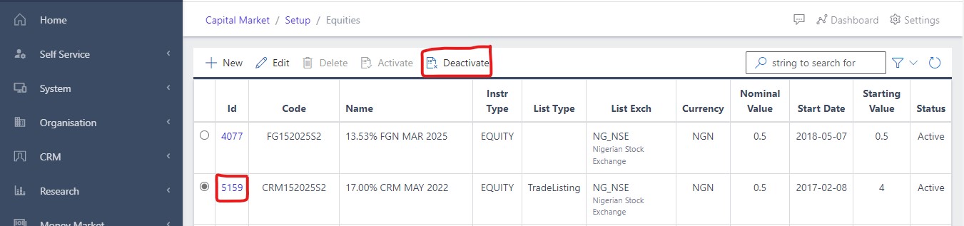 image Showing selected ID for deactivation view