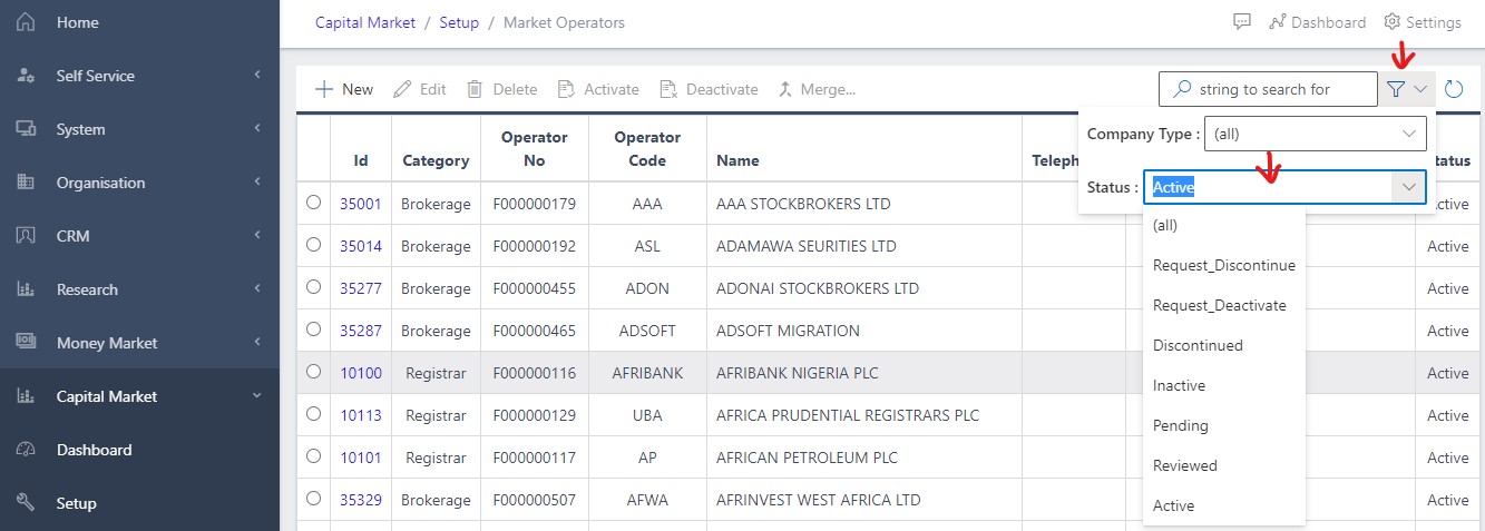 image Showing filter parameter view