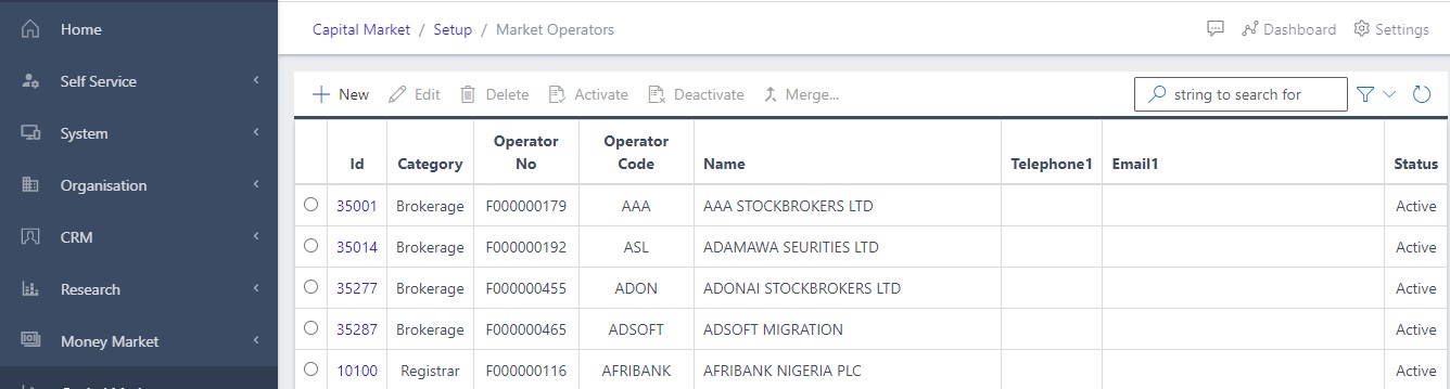 image Showing list of market operators view