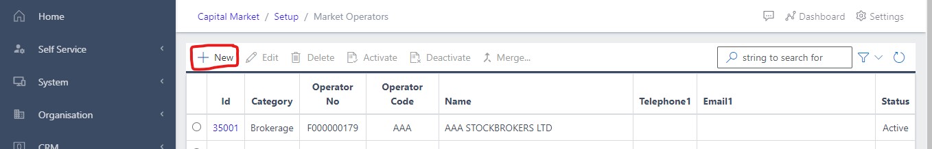 image Showing Create New market operators view