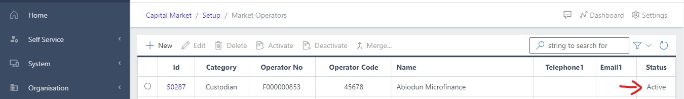 image Showing active status of the market operator view