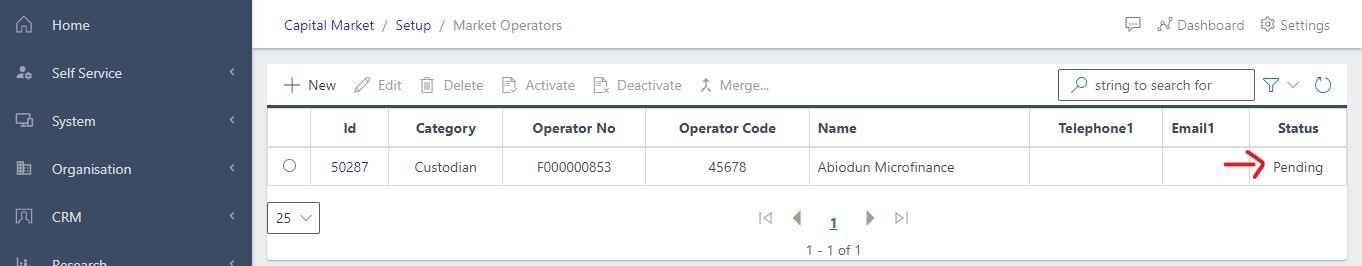 image Showing pending state of newly created market operator view