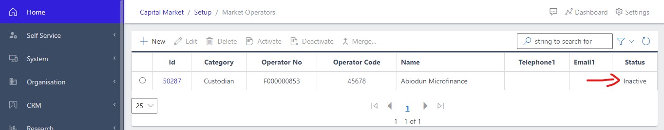 image Showing inactive status of the market operator view