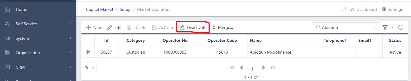 image Showing selected ID for deactivation view