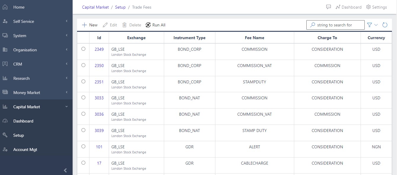 image Showing list of trade fees view