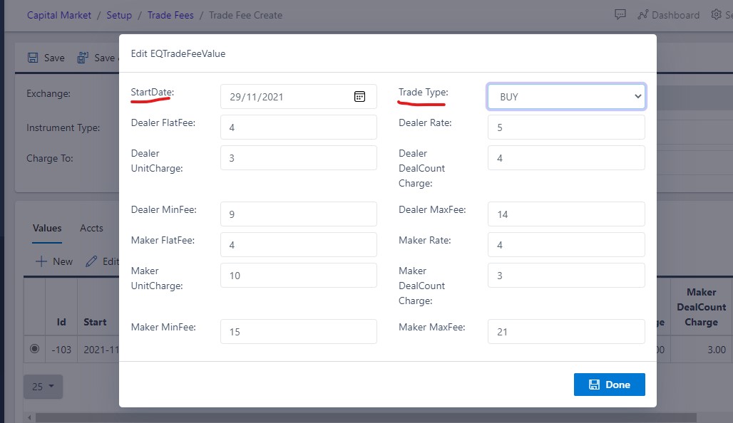 image Showing trade fee values fields view