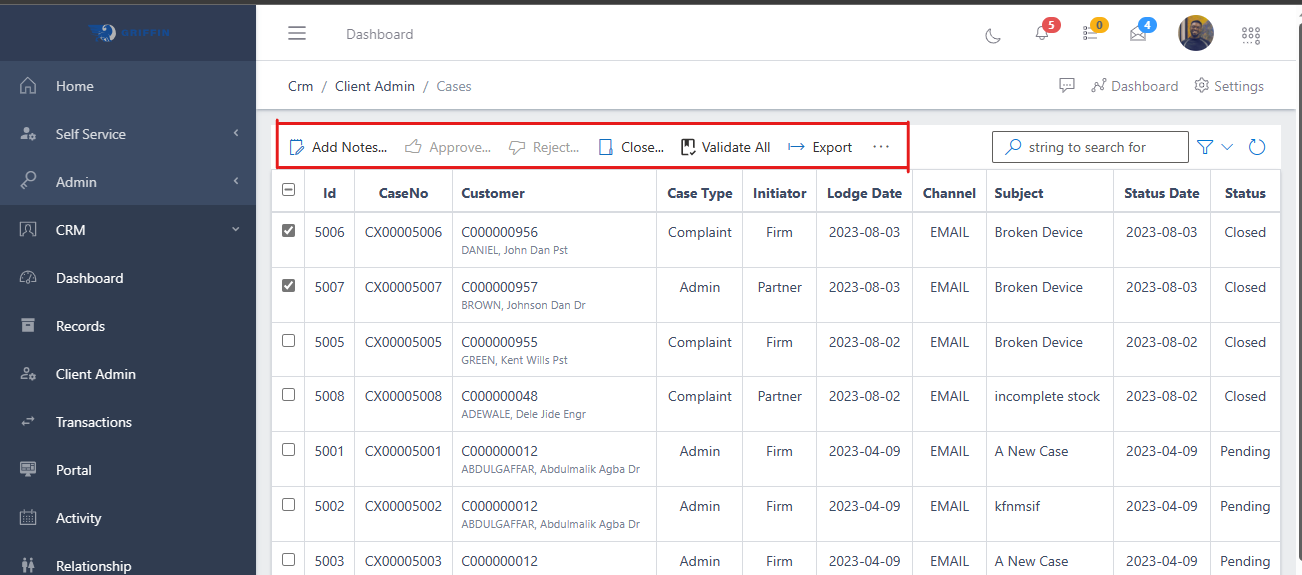 list of customer cases