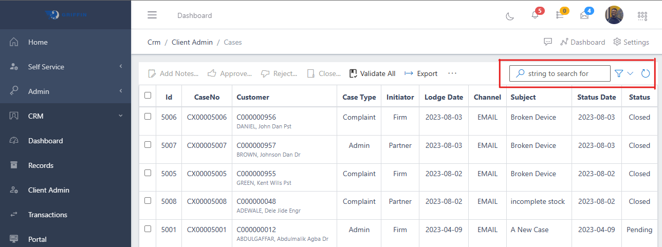 Filter and search function