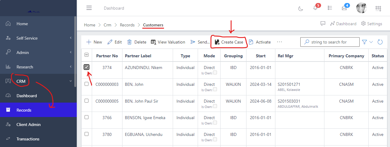 image showing list of customers and create case button