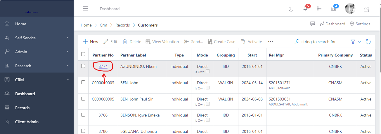 image Showing partner/customer number