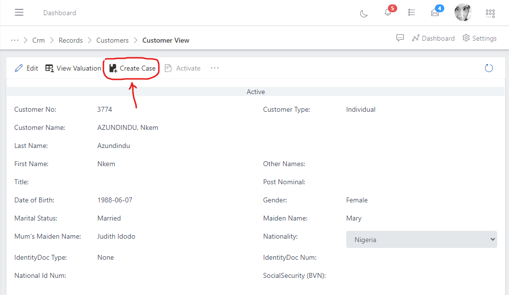 image showing customer's full view and create case button