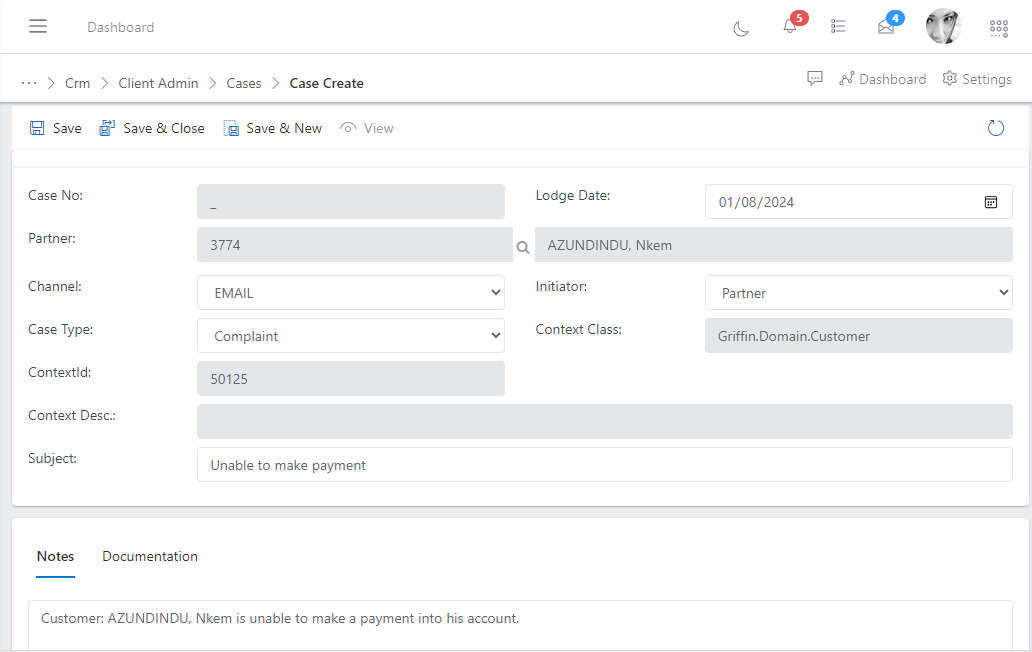 image showing customer case form
