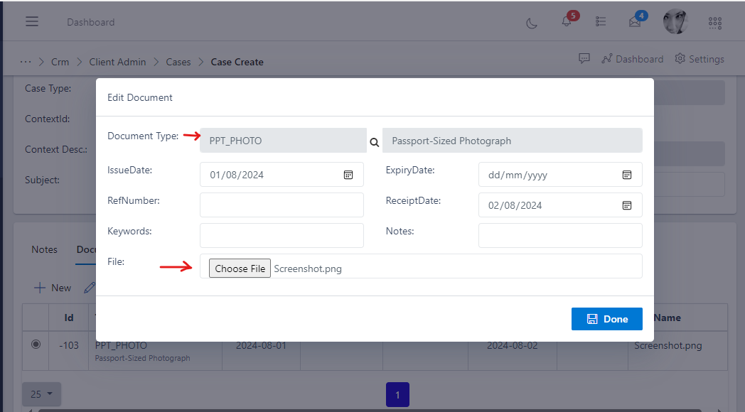 image showing modal box for uploading case documentation