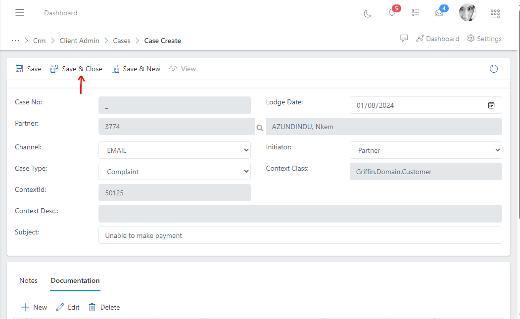 image showing button to save lodged case