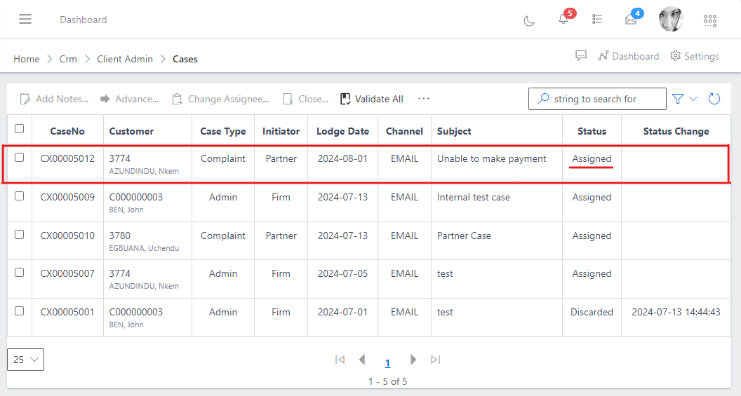 image showing list of all lodged cases