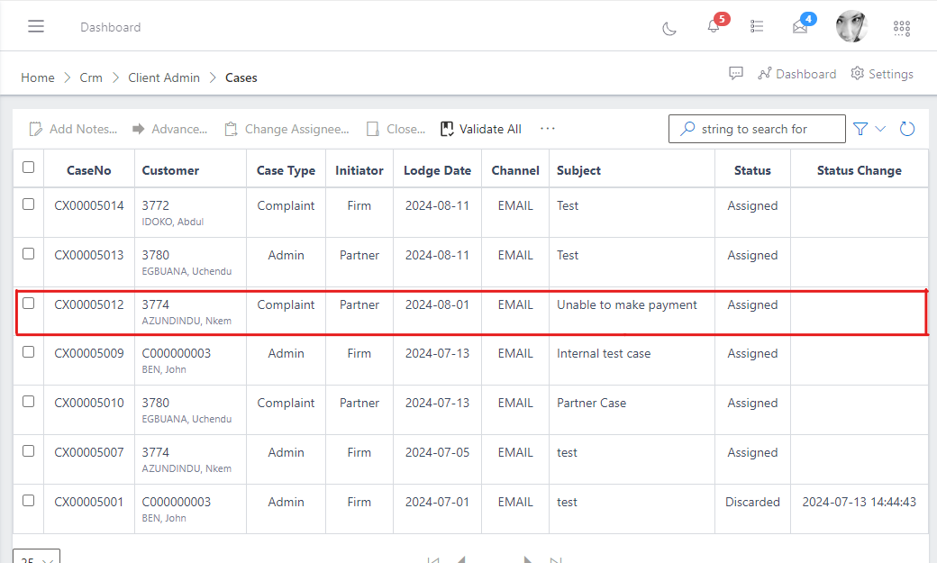 image showing list of all lodged cases