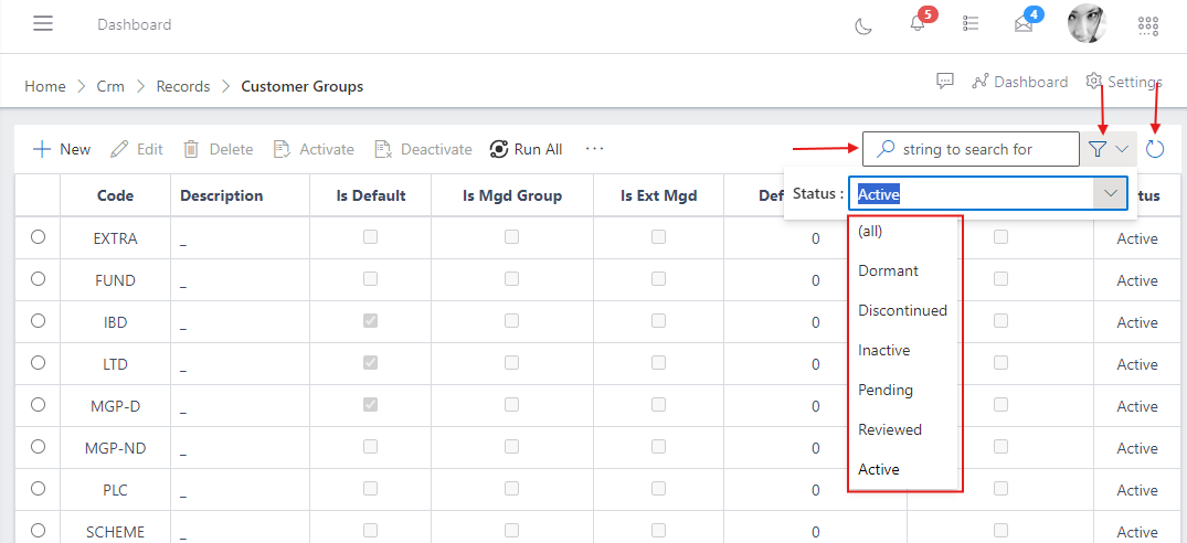 Search and filter menu