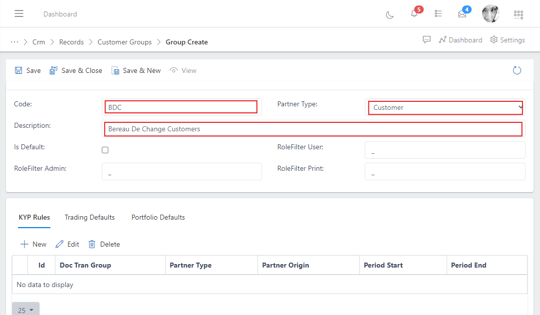 image showing customer group creation form