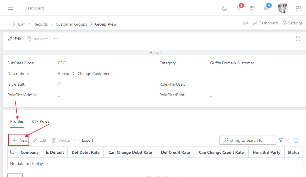 image showing new button to create customer group profile