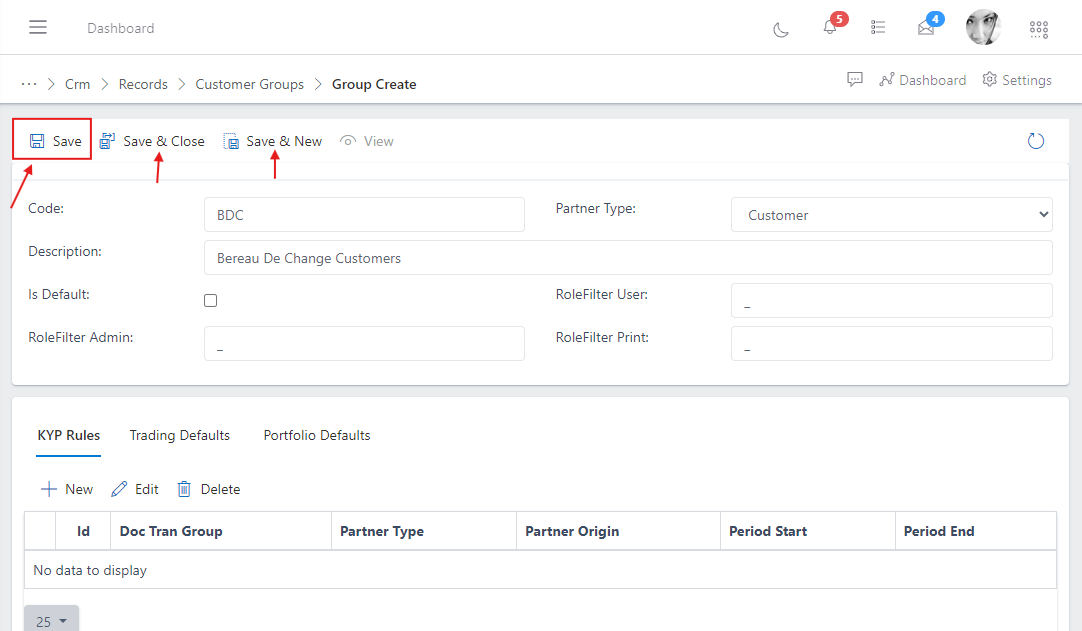 image showing customer group save buttons