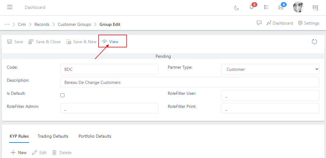 image showing customer group view button