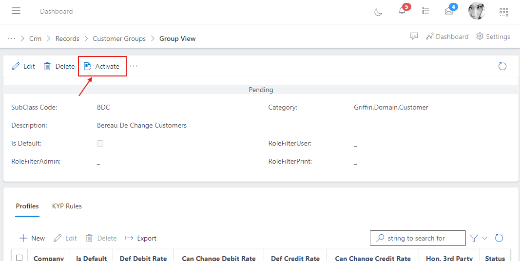 image showing customer group activate button