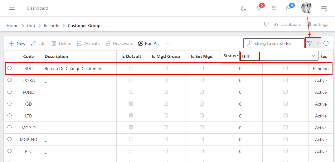image showing customer group list filtered for all status