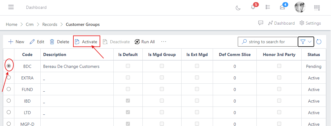 image showing activate button via customer group list view