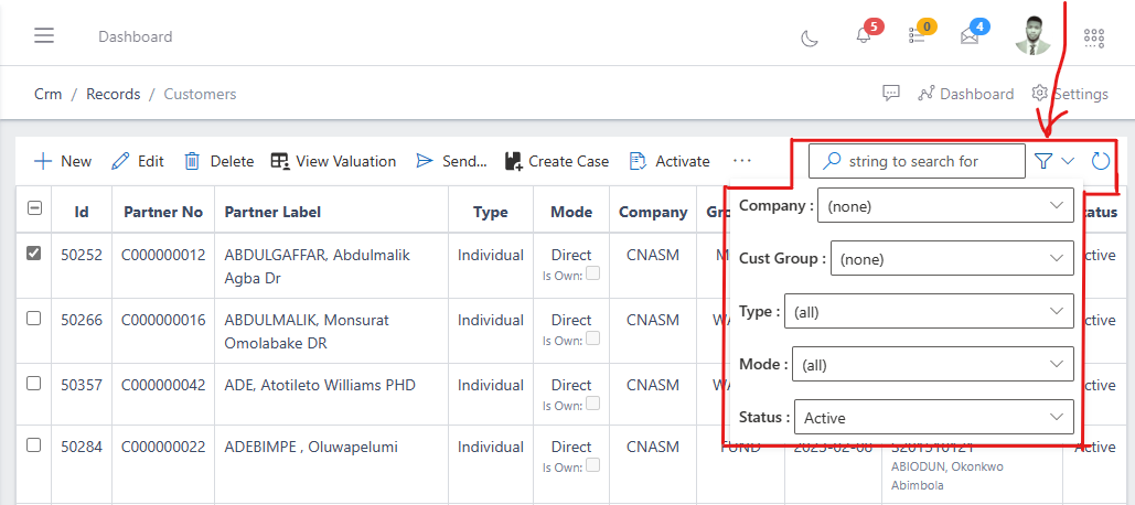 Search and filter menu