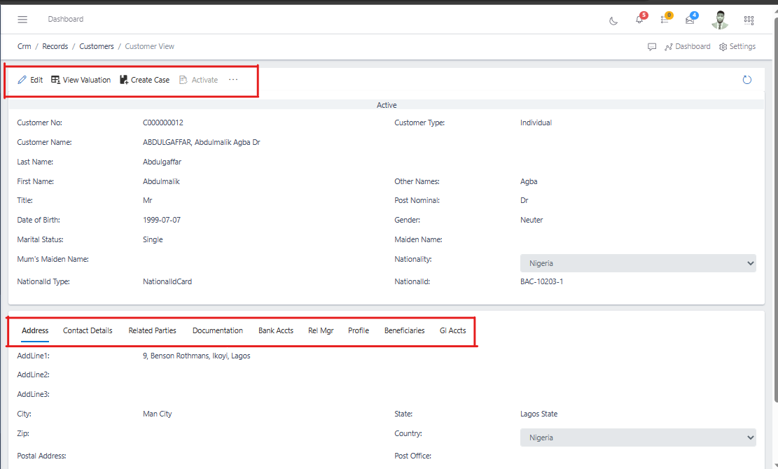 Customer's Information view