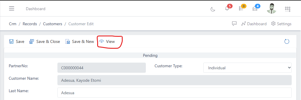 image showing customer view button
