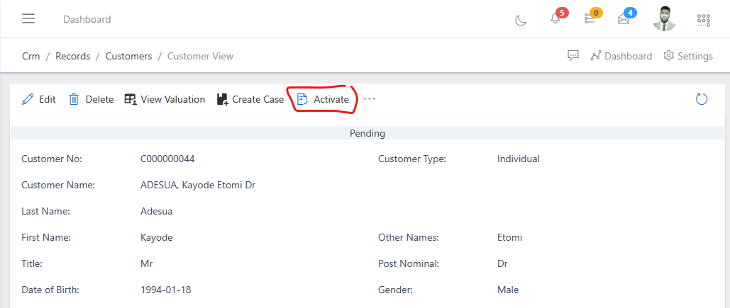 image showing customer activate button
