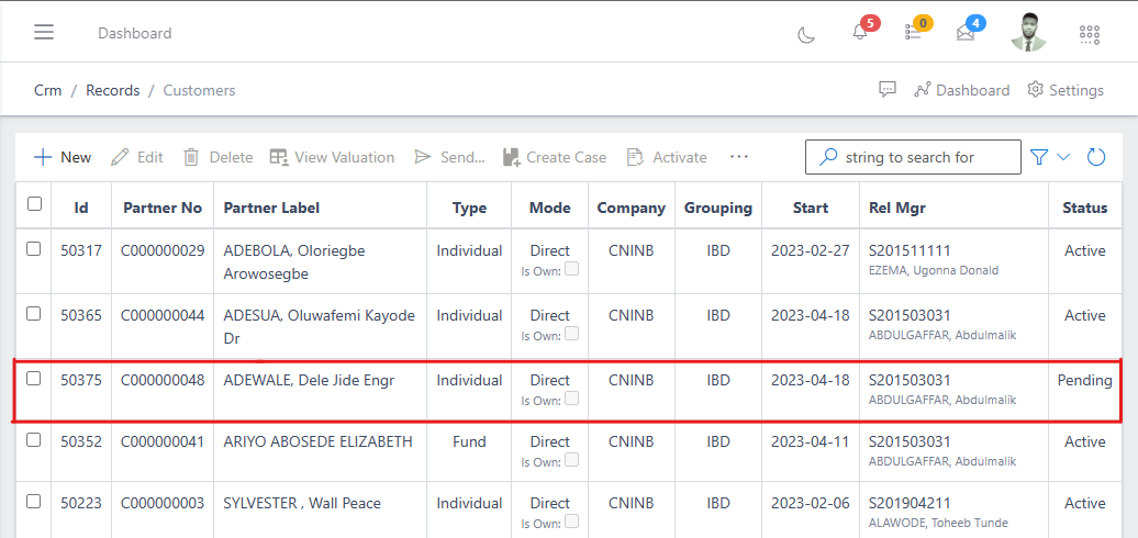 image showing highlighted customer in customer's list view