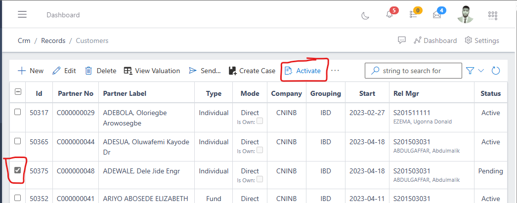 image showing selected customer and activate button