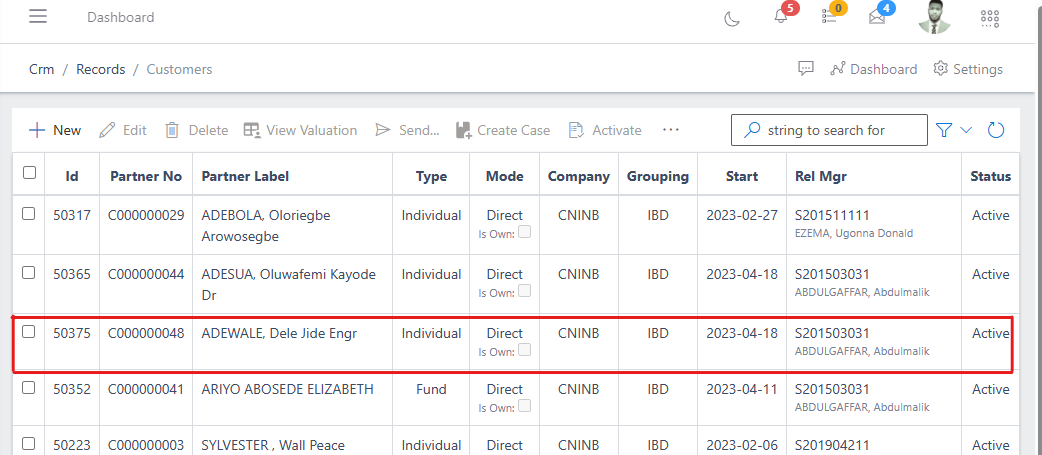 image showing highlighted customer in active status