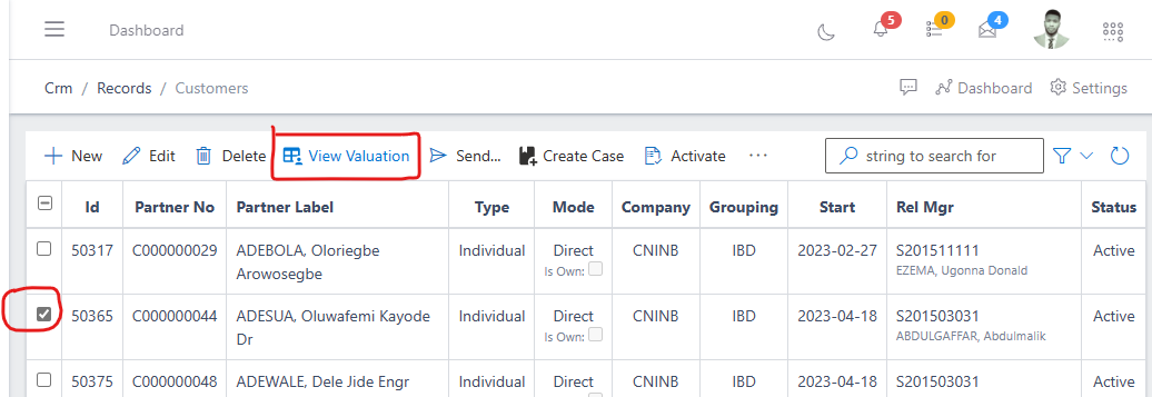 image showing selected customer in the customer's list view and view valuation button