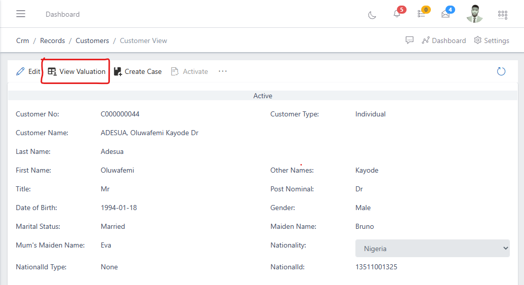image showing view valuation button in customers information full view page