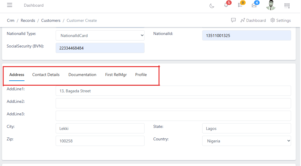 image showing address tab