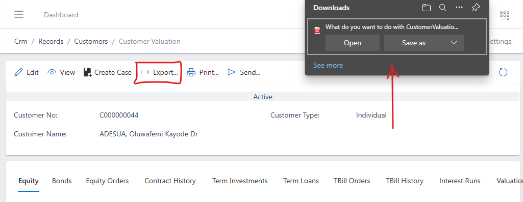 image showing export button and download tab